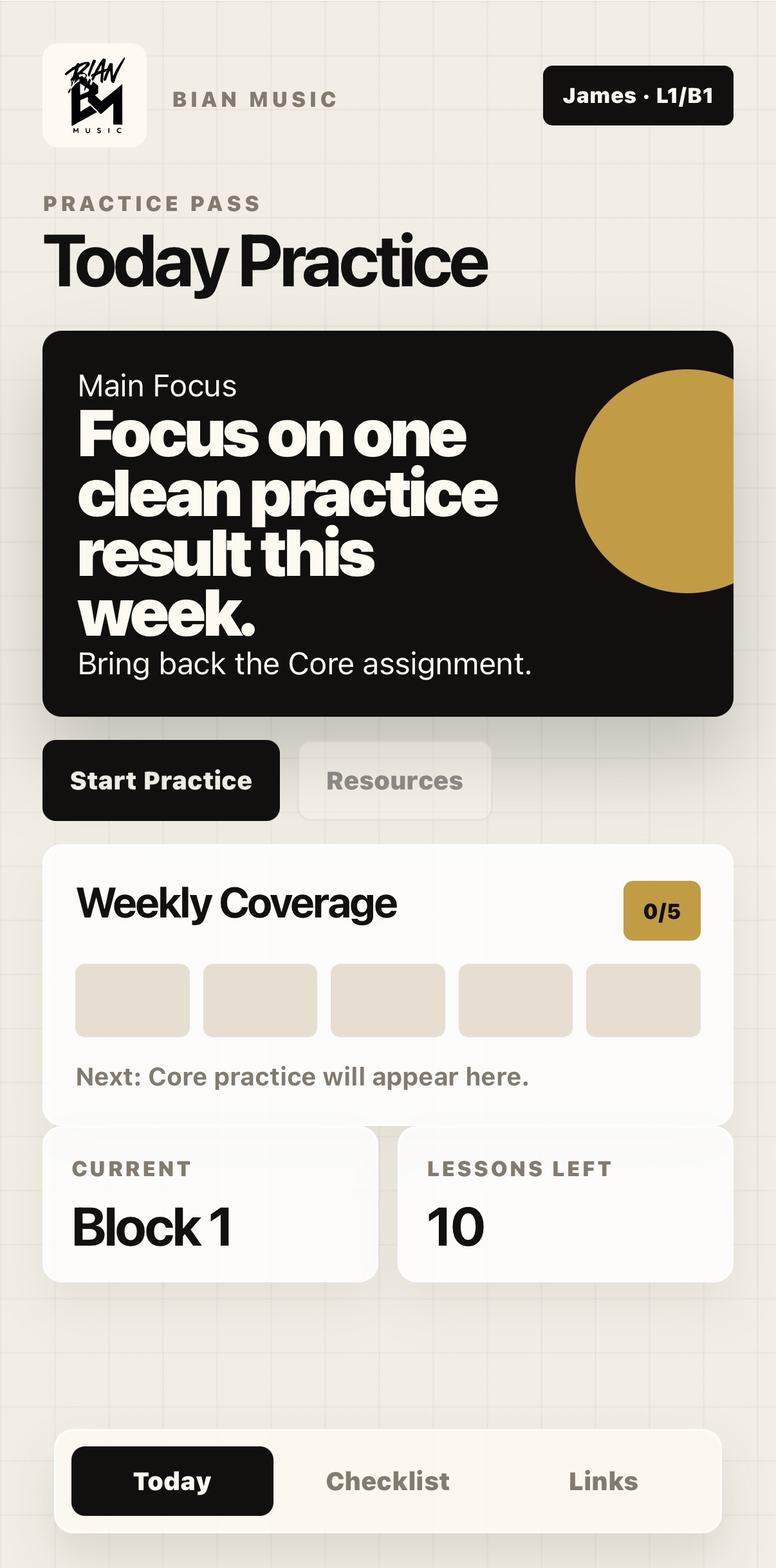 BIAN MUSIC app today practice screen