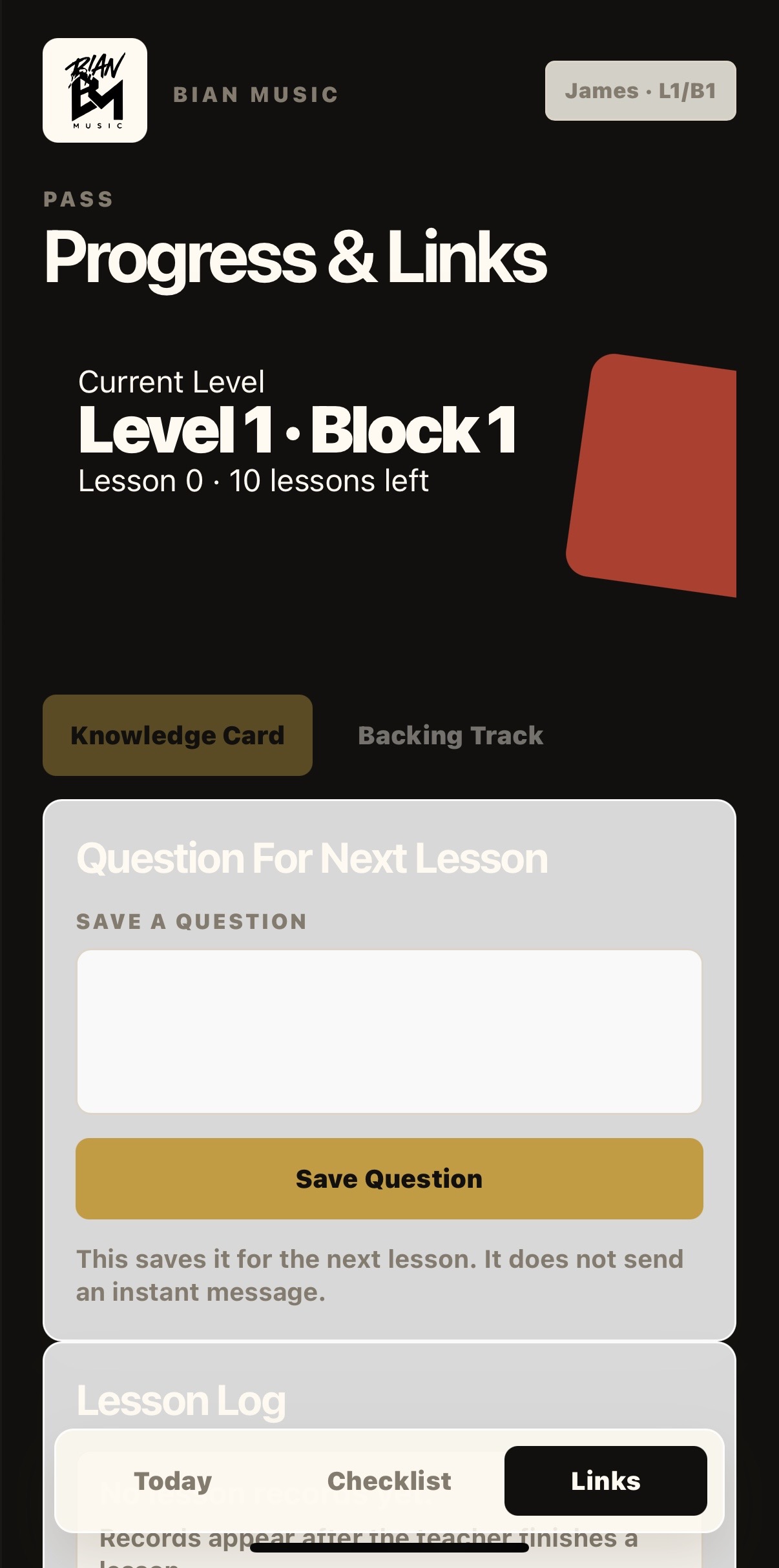 BIAN MUSIC app progress and links screen