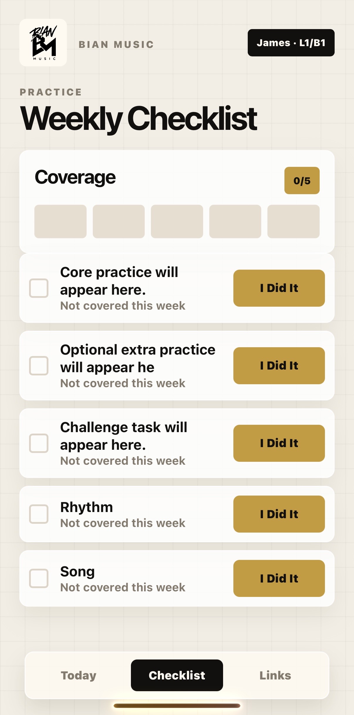 BIAN MUSIC app weekly checklist screen